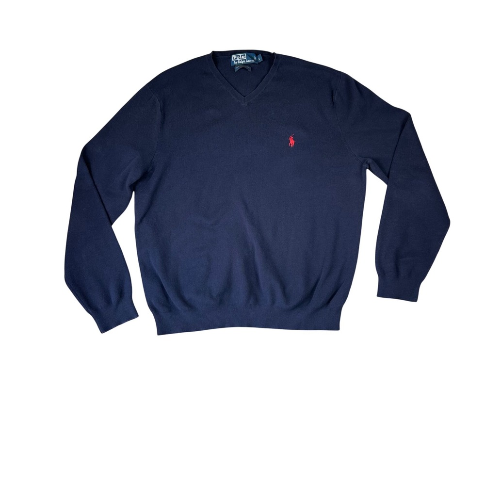 Polo Ralph Lauren Mens Navy Blue 100% Pima Cotton V-Neck Sweater Red Pony Large